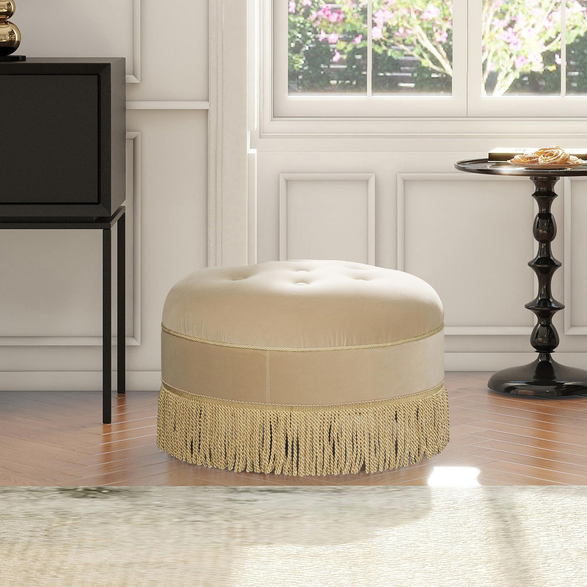 Planet 24" Round Upholstered Accent Ottoman, Fawn Brown Performance Velvet