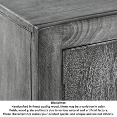 Sun 39 Inch Handcrafted Accent Cabinet with 2 Doors, Medallion Engraved, Sandblasted Gray Mango Wood, Black Iron Framed Stand