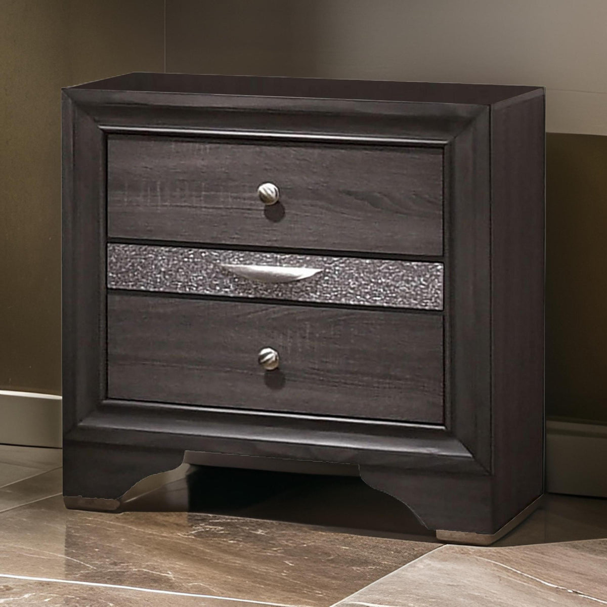 Armageddon Nightstand with 2 Drawers and 1 Jewelry Drawer, Gray and Silver