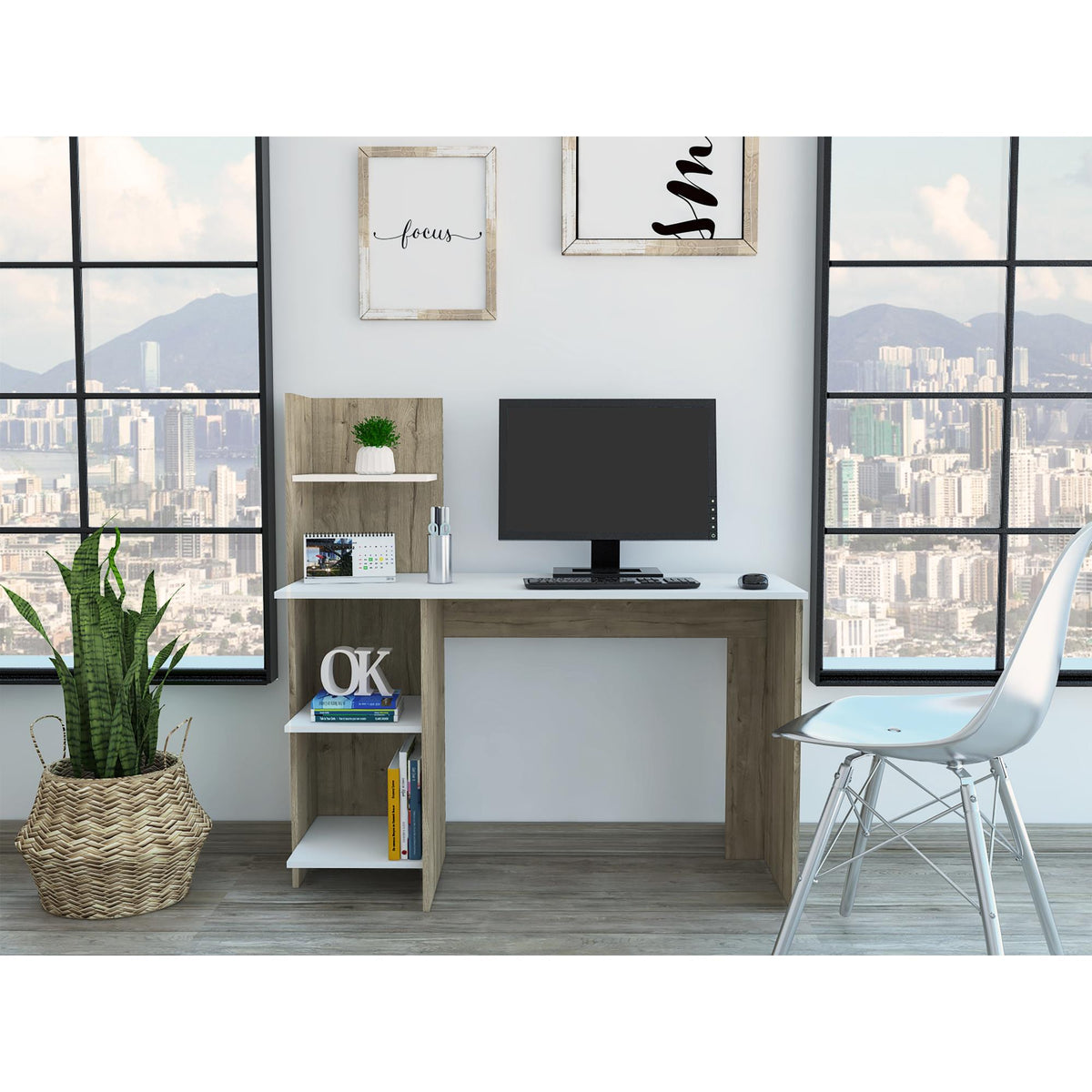 Eternity 120 Writing Desk , Four Shelves -Light Oak / White