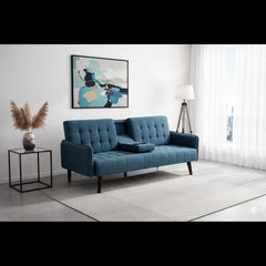 72" Sleeper Sofa Bed - Convertible Folding Backrest to Full Bed with Cup Holder & Drop-Down Table - Space Saving Linen Sofa for Small Spaces - Easy Assembly, Blue
