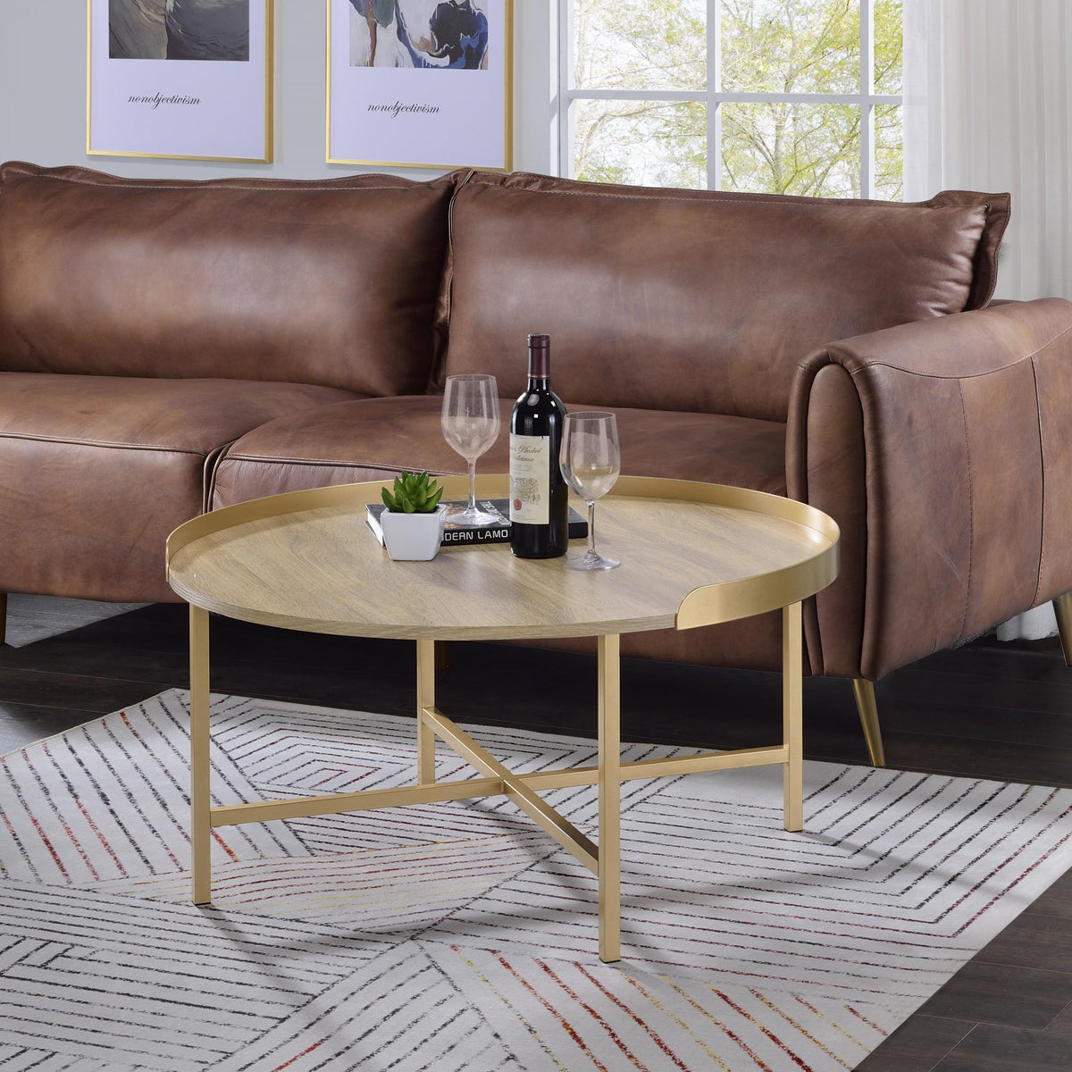 Modern Aesthetic 1pc Round Coffee Table Gold Finish Living Room Furniture, Cross Bar Metal Base