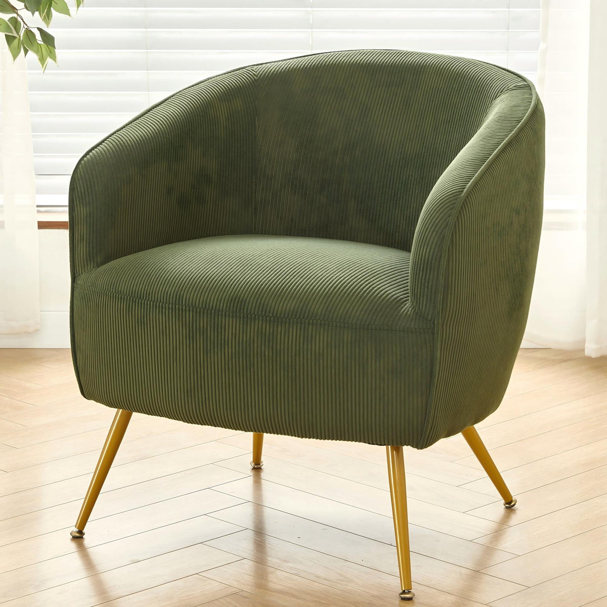 Corduroy Accent Chair with Gold Metal Legs, Modern Upholstered Armchair, Comfy Barrel Chair for Living Room Bedroom