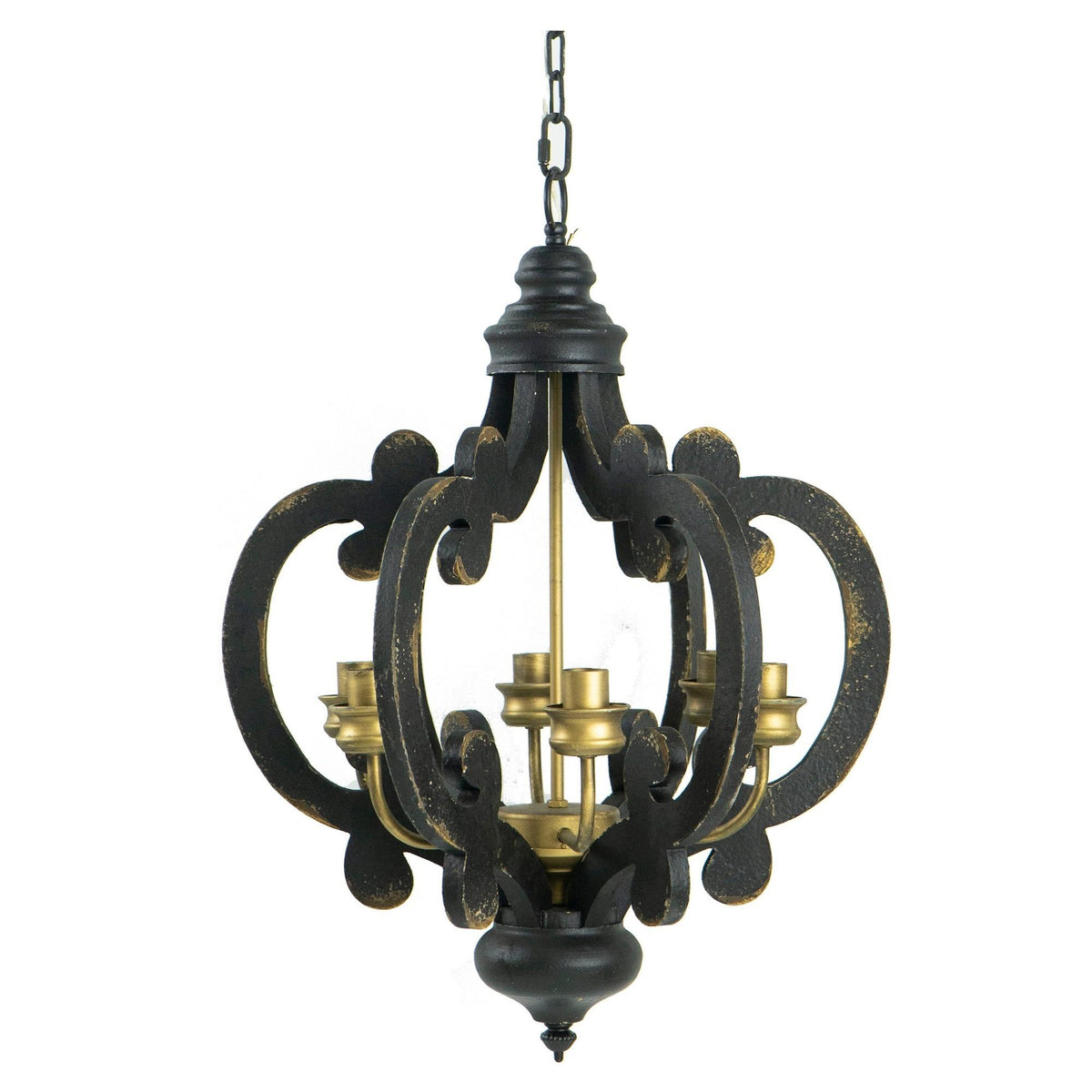 Saga 21 Inch Carved Wood Chandelier, 6 Lights, Vintage Classic, Black, Gold