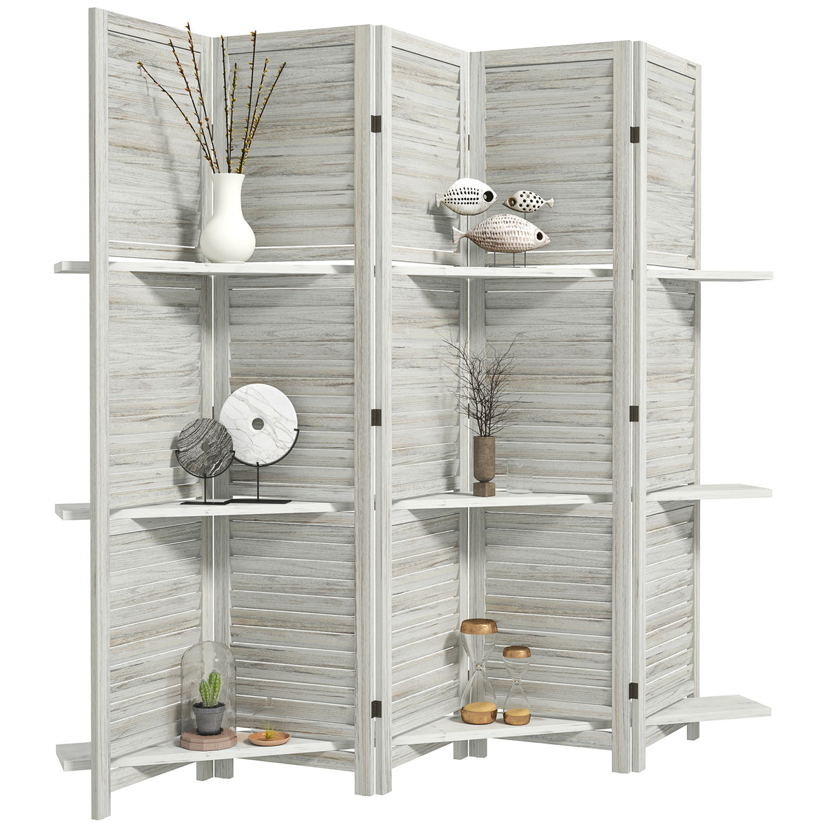 5 Panel 67" Tall Wood Privacy Screen Room Divider with 3 Shelves and Folding Storage for Bedroom, Distressed White