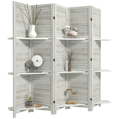 5 Panel 67" Tall Wood Privacy Screen Room Divider with 3 Shelves and Folding Storage for Bedroom, Distressed White