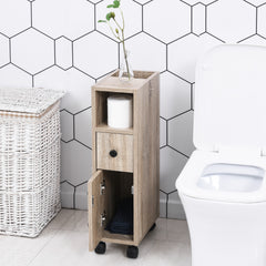 Freestanding Compact Design Bathroom Cabinet with 2 Open Cabinets, 1 Door Cabinet, 1 Drawer and 4 Rolling Wheels, Oak