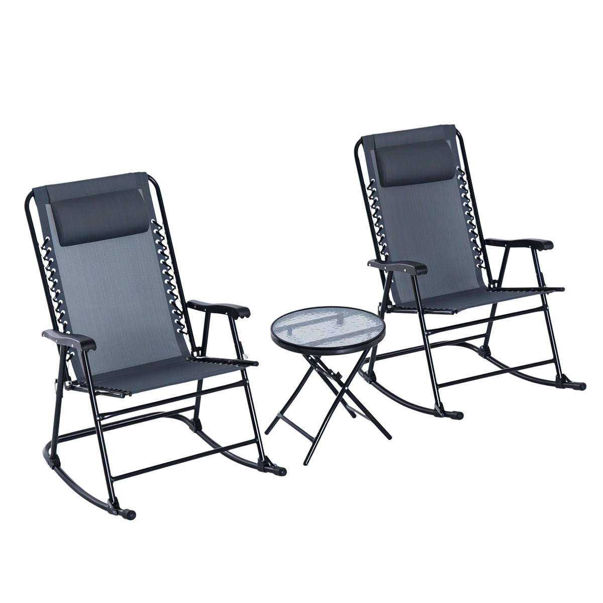 Outdoor Folding Rocking Chair Patio Table Seating Set, 2 Rocking Chairs with Armrests and 1 Side Table with Tempered Glass - Grey