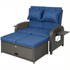 Patio Rattan Daybed, Wicker Outdoor Daybed with Storage Ottoman, Loveseat w/ Adjustable Backrest, Navy Blue
