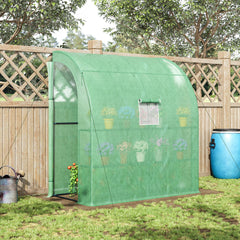 7' x 3' x 7' Lean to Greenhouse, Walk-In Green House, Plant Nursery with 2 Roll-up Doors and Windows, PE Cover and 3 Wire Shelves, Green