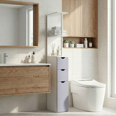 54" Tall Bathroom Storage Cabinet,  Linen Tower with Shelf and Drawers, Narrow Side Floor Organizer, Grey and White