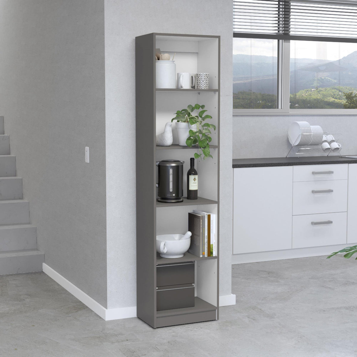 Bookcase Compact Bookshelf with Multiple Shelves, Matt Gray / White