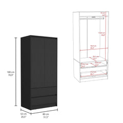Aria 2 Drawers Armoire, Double Door, Hanging Rod -Black