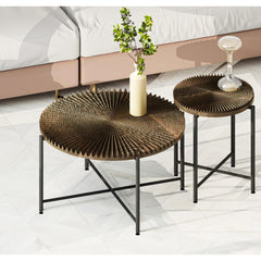 Nebula Pattern 2-Piece Coffee and End Table Set – Waterproof MDF with PVC Cover, Distressed Cylindrical Design, Black Metal Legs – Classic Rustic Charm, Dark Walnut