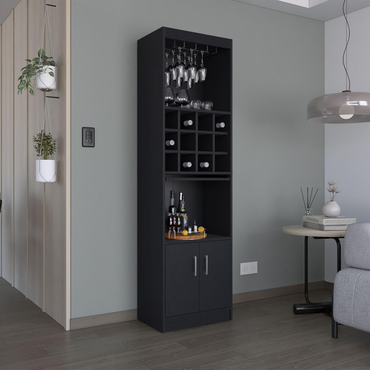 Infinity 71-Inch Tall Bar Cabinet 5-Tier Modern Bar Cabinet with Glass Holder Stemware Rack, Wine Cabinet, Liquor Cabinet, 12 Bottle Cubbies, 5 Shelves, and Pull Out Tray