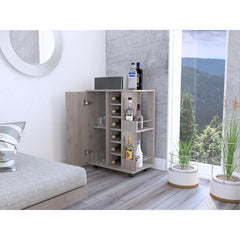 Bar Cart, Two External Shelves, Four Casters, Six Built-in Wine Rack, Single Door Cabinet -Light Gray