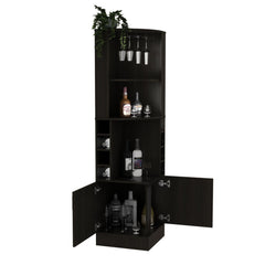 Story Corner Bar Cabinet, Eight Bottle Cubbies, Double Door, Two Open Shelves -Black