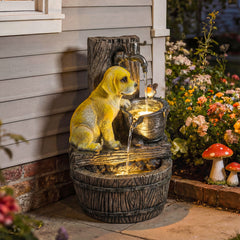 22" Outdoor Fountain with 3-Tier Puppy Theme, Resin Garden Fountain with LED Lights, Adjustable Flow, Rustic Brown