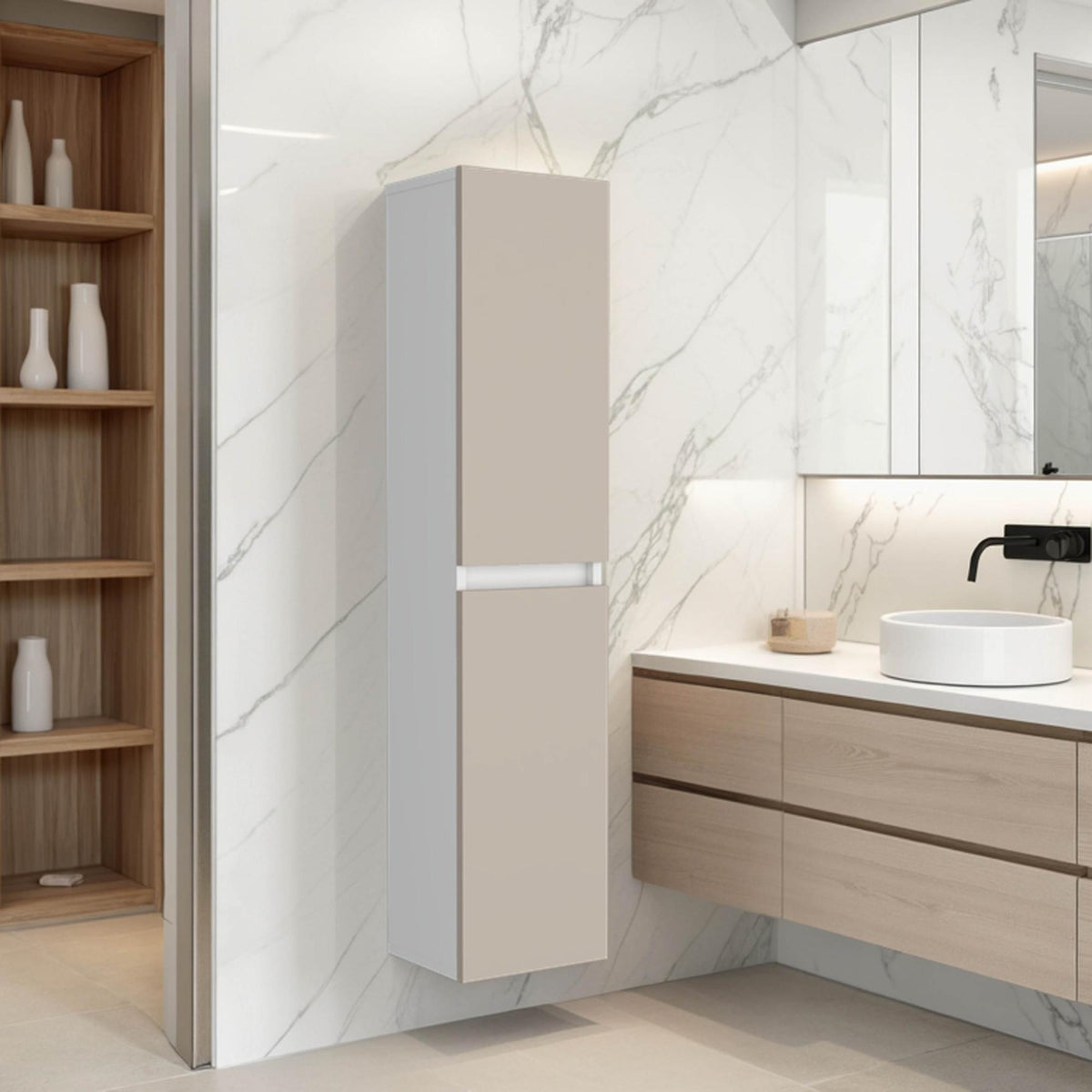 High Two-Door Wall Cabinet With Interior Shelf Vertical Storage, White