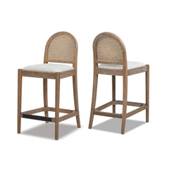 Neptune 26.5" Curved Back Cane Rattan Counter Stool, Set of 2, Two-Tone Neutral Gray Polyester Wool Blend