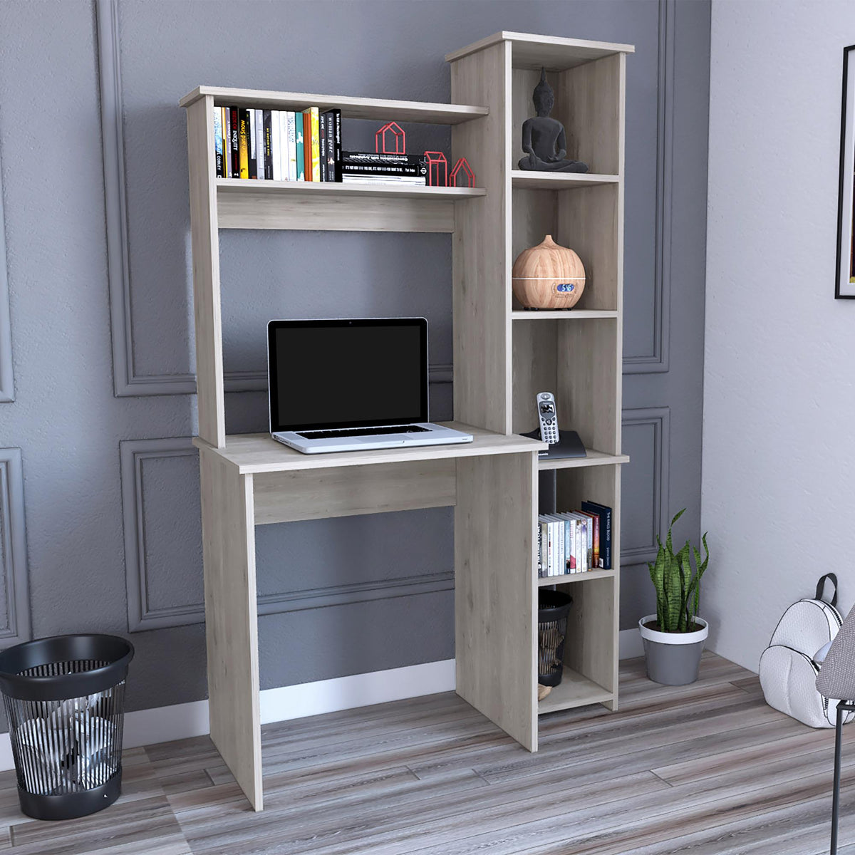 Valhalla Writintg Desk, Two Superior Shelves, Five Cubbies -Light Gray