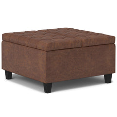 Aeneas 30 inch Wide Small Square Coffee Table Storage Ottoman in Distressed Saddle Brown Vegan Leather