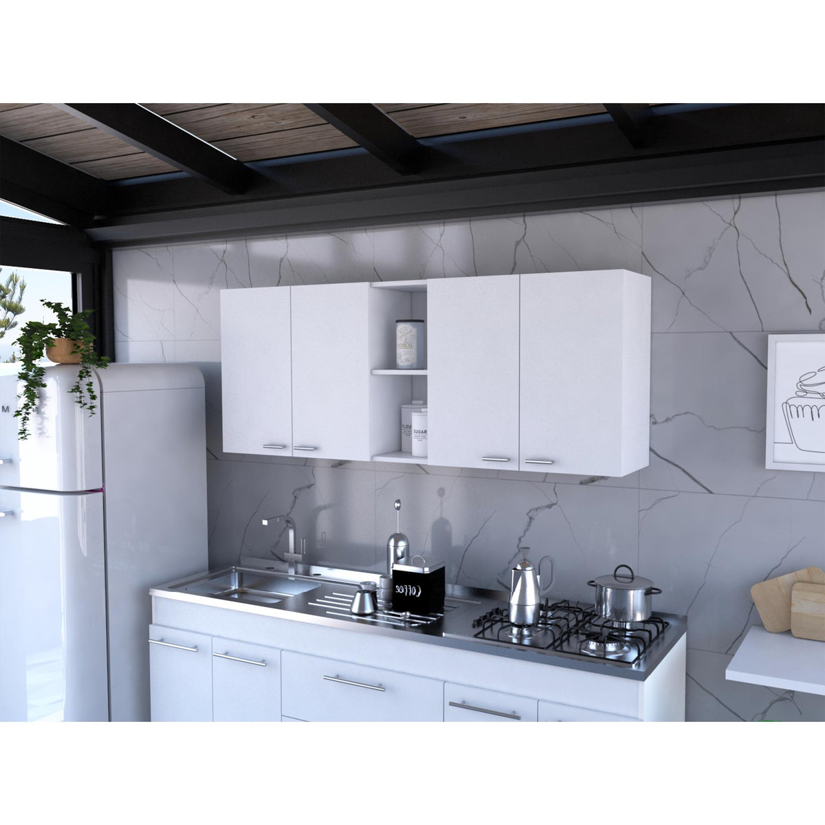 Star 150 Wall Cabinet, Double Door, Two External Shelves, Two Interior Shelves -White