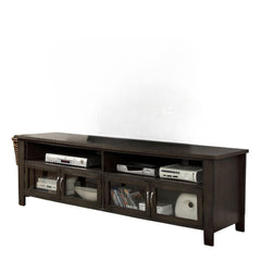 Transitional Style TV Console Base With Dual Cabinet And Two Open Shelves 3mm Tempered Glass On Cabinet Doors Rear Wearing Access Gray Finish