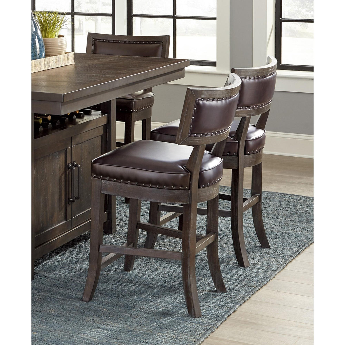 Rustic Aesthetic Dark Cherry Finish Counter Height Chair Set of 2 Wood Framed Nailhead Trim Faux Leather Upholstered Seat Kitchen Dining Room Furniture