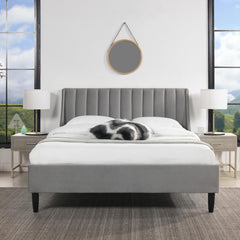 Camelot Vertical Tufted Modern Headboard Platform Bed Set, Queen, Opal Grey Velvet
