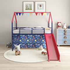 Agamemnon Metal Junior House Twin Loft Bed with Slide and Curtain Set, Super Hero Color Navy Blue and Red