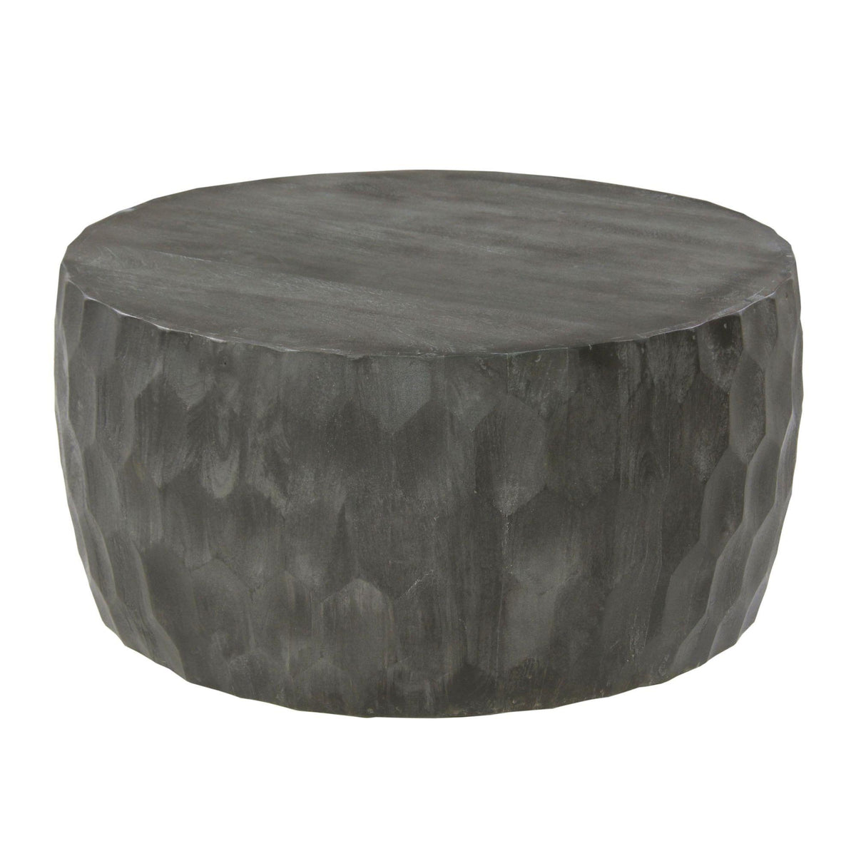 Harmony 34 Inch Handcrafted Mango Wood Coffee Table, Hammered Round Drum Shape, Honeycomb, Rustic Gray