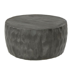 Harmony 34 Inch Handcrafted Mango Wood Coffee Table, Hammered Round Drum Shape, Honeycomb, Rustic Gray