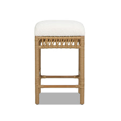 Demeter 25.5" Backless Upholstered Counter Stool with Resin Rattan Frame, Ivory White Boucle