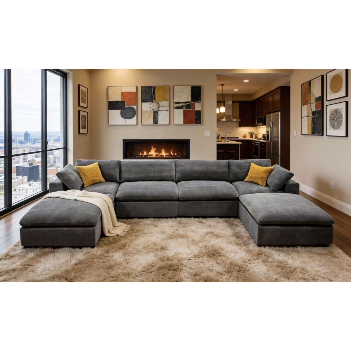 Coffee Bean Like Upholstery Full Compressed Modular Sectional with Toss Pillows