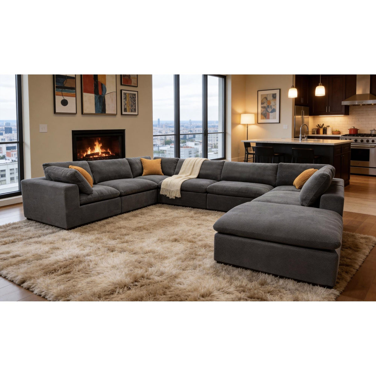 Coffee Bean Like Upholstery Full Compressed Modular Sectional with Toss Pillows
