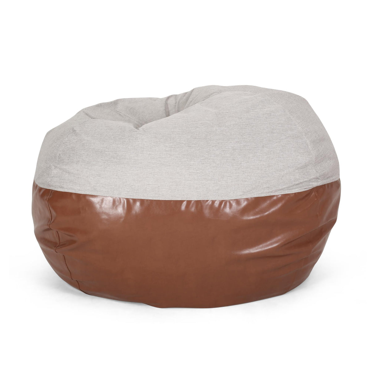 Supernova 5 Foot Two color Fabric and Faux Leather Rounded Bean Bag, Light Grey and Coffee Brown