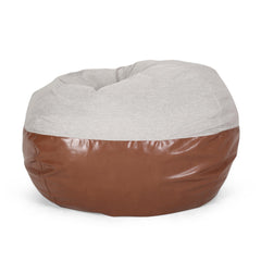 Supernova 5 Foot Two color Fabric and Faux Leather Rounded Bean Bag, Light Grey and Coffee Brown