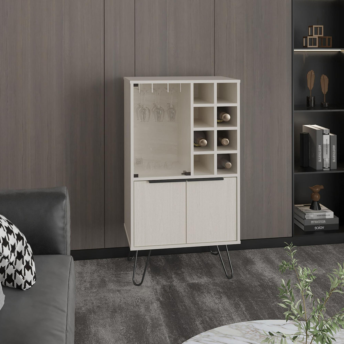 Eden 23" Wide Double Door Bar Cabinet and Glass door comparment, Eight bottle cubbies and stemware