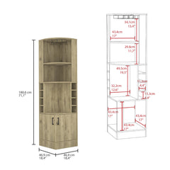 Story Corner Bar Cabinet, Eight Bottle Cubbies, Double Door, Two Open Shelves Macadamia
