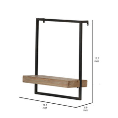 Pinnacle 18 Inch Wall Shelf, Rectangular Industrial Frame, Black Iron Brown Wood