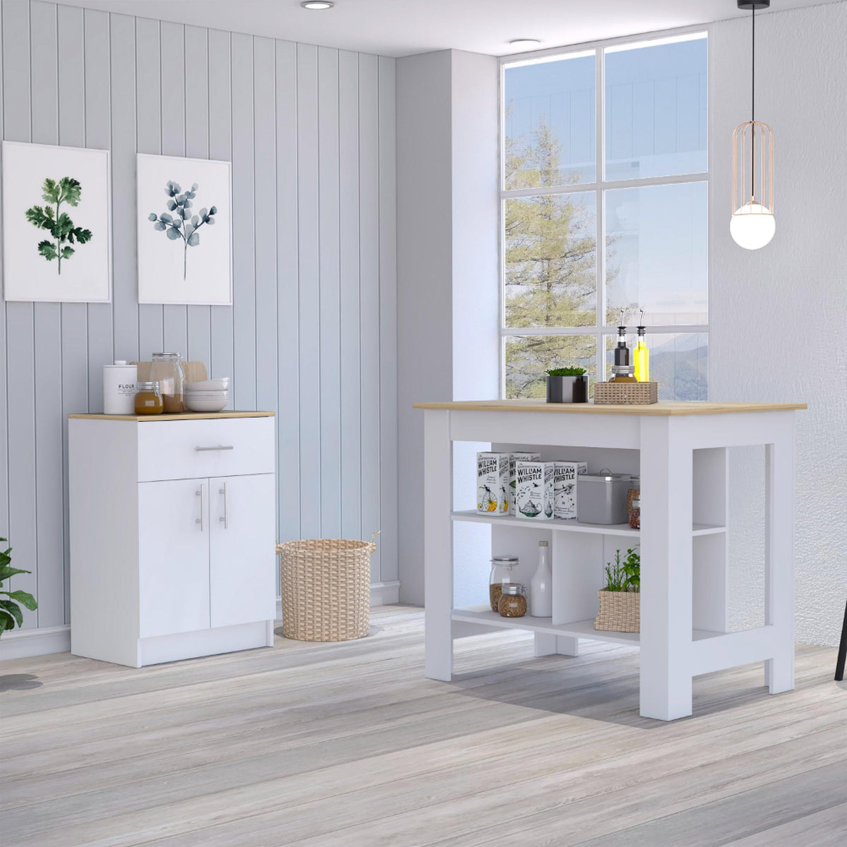 2 Piece Kitchen Set, Kitchen Island + Pantry Cabinet , White /Light Oak