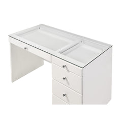 1pc Glam Makeup Vanity Table Glass Top 5 Drawers Crystal Knobs White Wooden Bedroom Furniture White