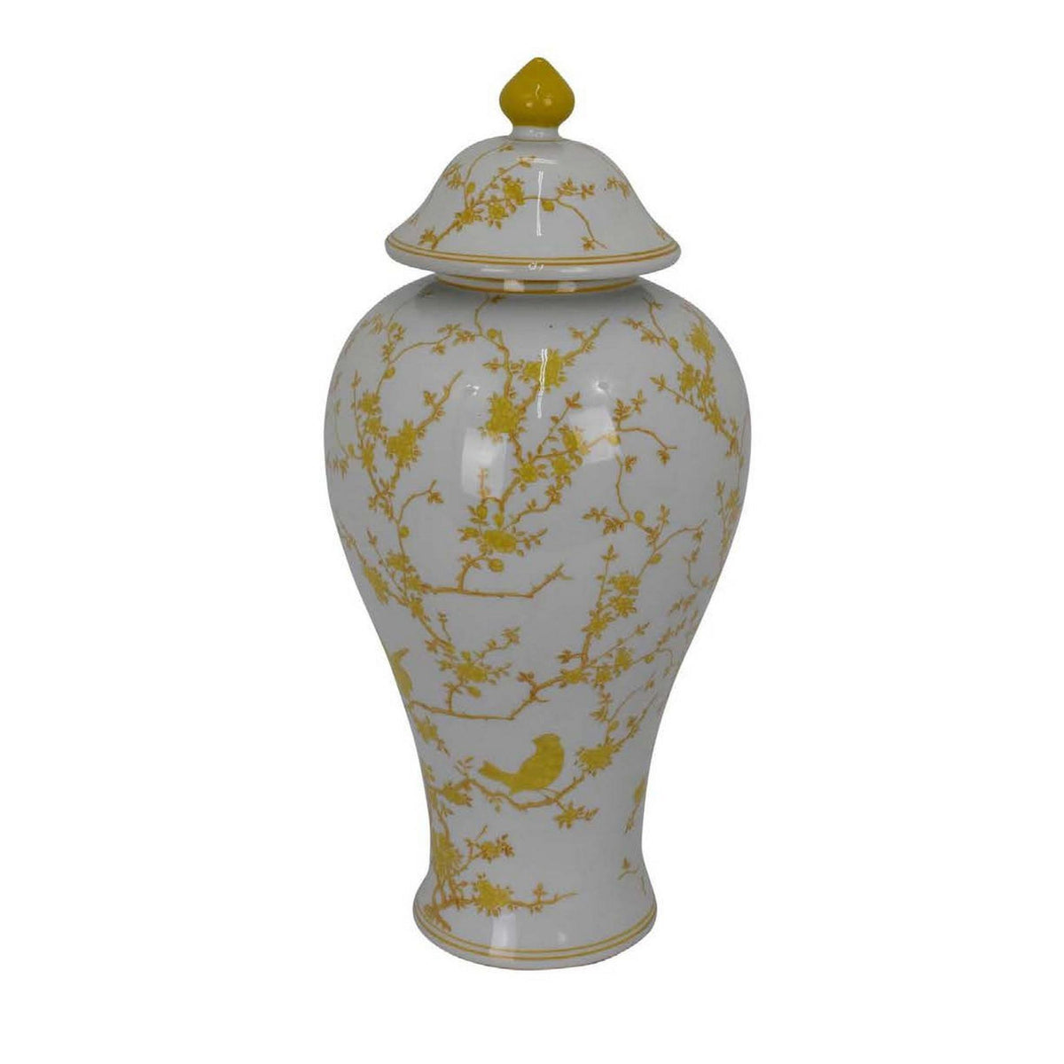 Shangri-La Lidded Accent Jar, Yellow Bird and Floral, White Ceramic 20 Inch
