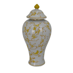 Shangri-La Lidded Accent Jar, Yellow Bird and Floral, White Ceramic 20 Inch