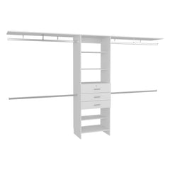 Clytemnestra 69"W - 118"W Drawers Closet System, Five Shelves, Four Hanging Rods, Three Drawers White
