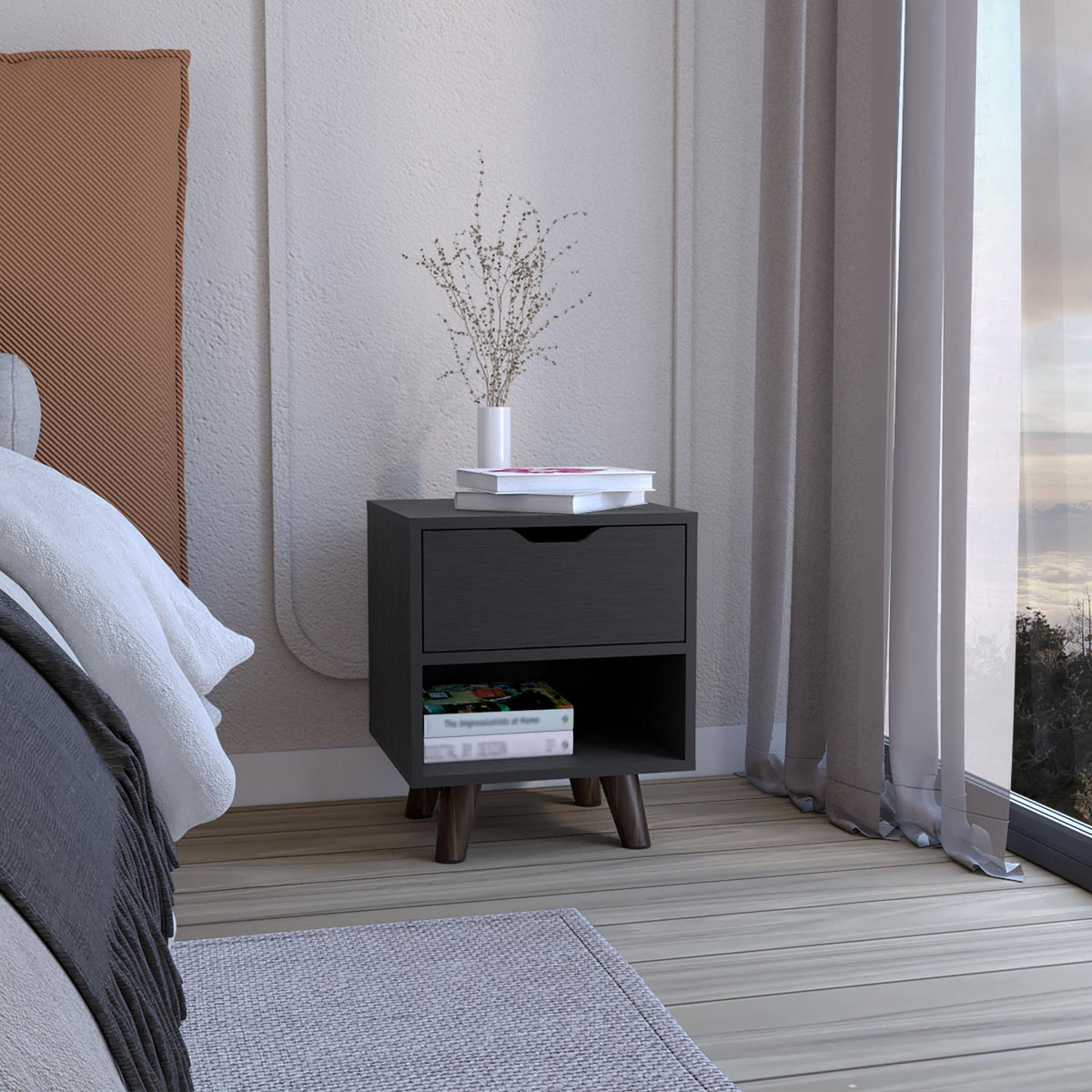 Galaxy Nightstand with 1 Open Storage Shelf, 1 Drawer and Wooden Legs