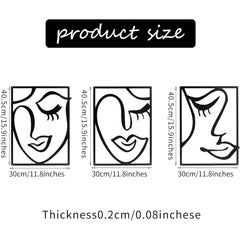 Melody 3 Piece Set Wall Decor, Face Line Drawing Abstract Design, Black Rectangular Metal Frame