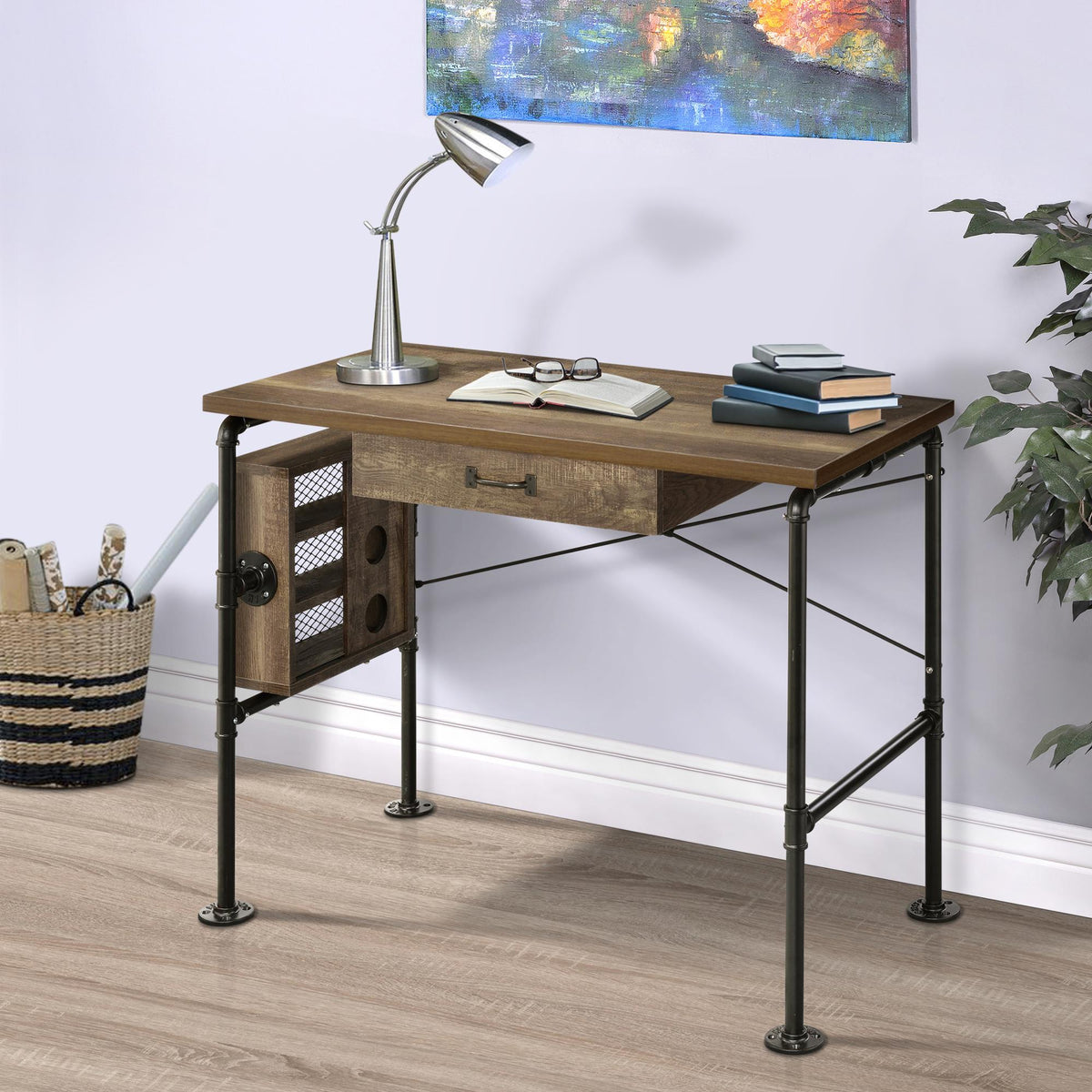 Pluto Oak and Black 1-drawer Writing Desk