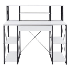 White and Black Office Desk with Open Shelves and Hutch